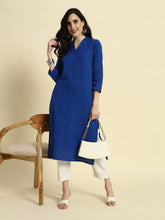 Thread Plus Cotton Flax Straight Kurti In Royal Blue Color For Women